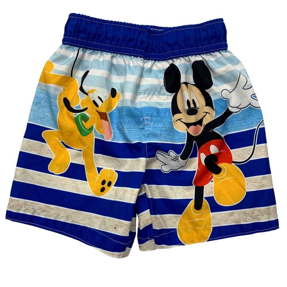 Disney Junior Toddler Boys 3T Mickey Mouse Pluto Beach Blue Striped Swim Trunks